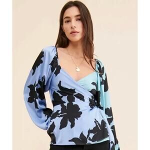 M Hutch Blue Floral Long Sleeve Wrap Blouse